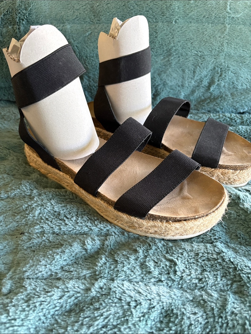 Black Elastic-Strap Espadrille Platform Sandals for Women